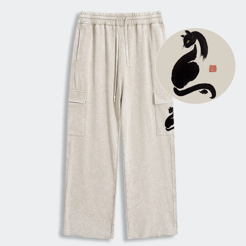 Tokyo-Tiger Elegant Black Cat Japan Washed Utility Sweatpants