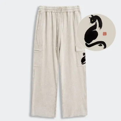 Tokyo-Tiger Elegant Black Cat Japan Washed Utility Sweatpants