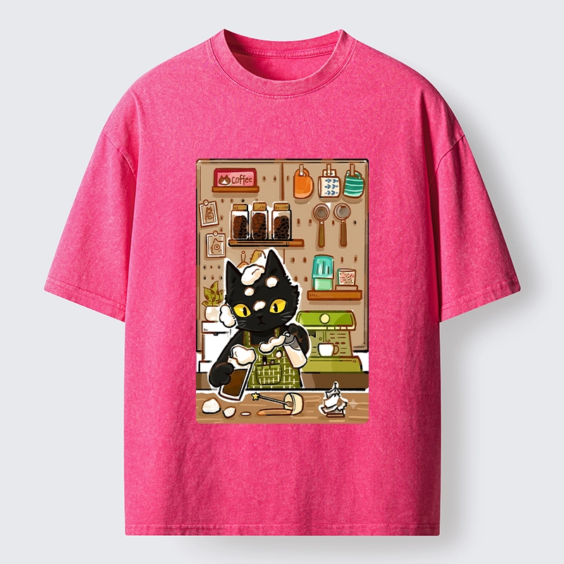Tokyo-Tiger Black Cat Barista Makes Coffee Foam Washed T-Shirt Sale