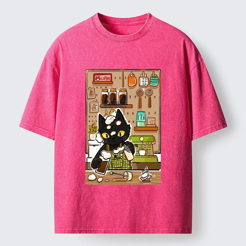 Tokyo-Tiger Black Cat Barista Makes Coffee Foam Washed T-Shirt