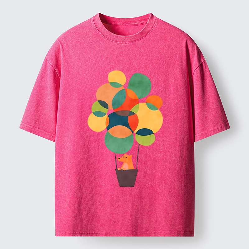 Tokyo-Tiger Bear Rides Colorful Balloon Basket Washed T-Shirt