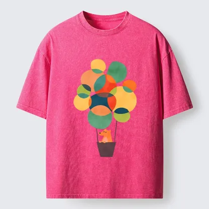 Tokyo-Tiger Bear Rides Colorful Balloon Basket Washed T-Shirt
