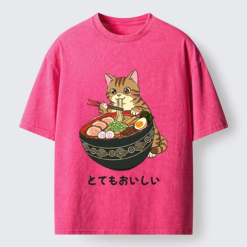Tokyo-Tiger Cat Eat Delicious Hot Ramen Washed T-Shirt