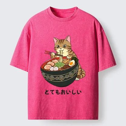 Tokyo-Tiger Cat Eat Delicious Hot Ramen Washed T-Shirt
