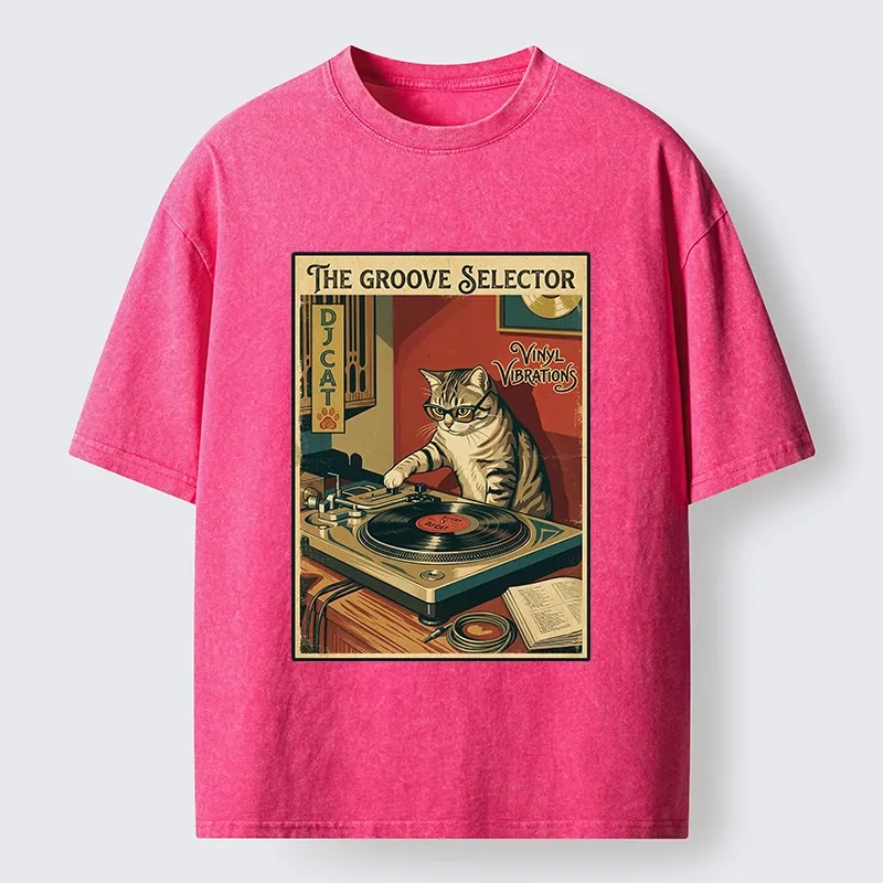 Tokyo-Tiger Retro DJ Cat Vinyl Record Art Washed T-Shirt