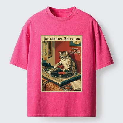 Tokyo-Tiger Retro DJ Cat Vinyl Record Art Washed T-Shirt