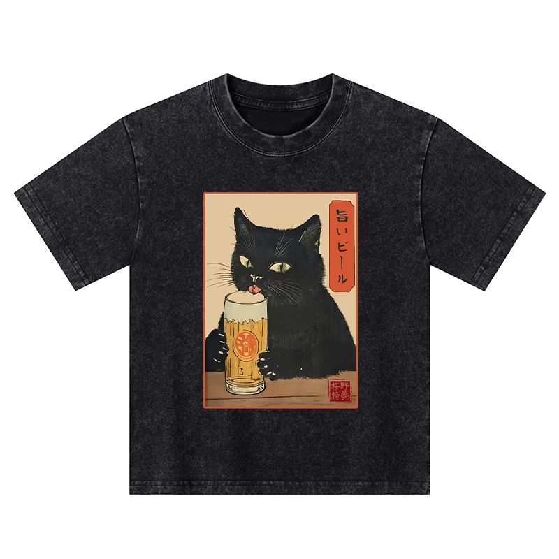 Tokyo-Tiger Cat Holding A Glass Of Beer Kids Washed T-Shirt