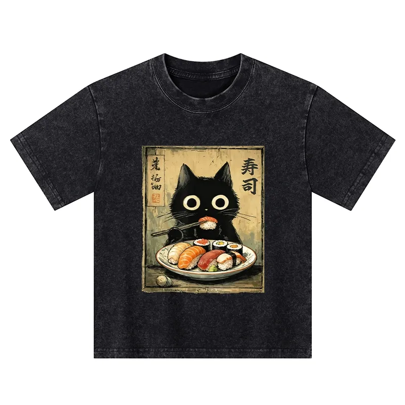 Tokyo-Tiger Vintage Japanese Sushi Cat Kids Washed T-Shirt Sale