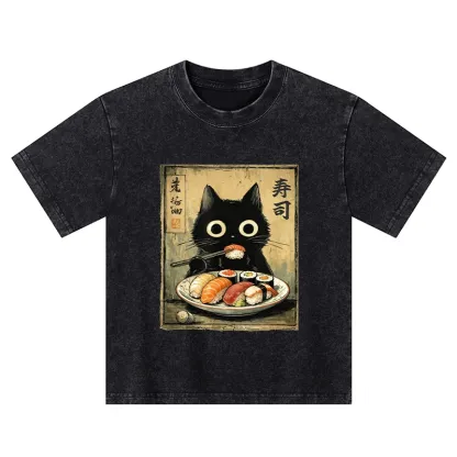 Tokyo-Tiger  Vintage Japanese Sushi Cat Kids Washed T-Shirt