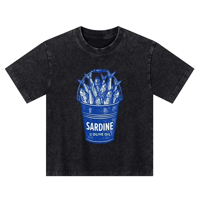 Tokyo-Tiger Vintage Bucket Full Of Fresh Sardines Kids Washed T-Shirt