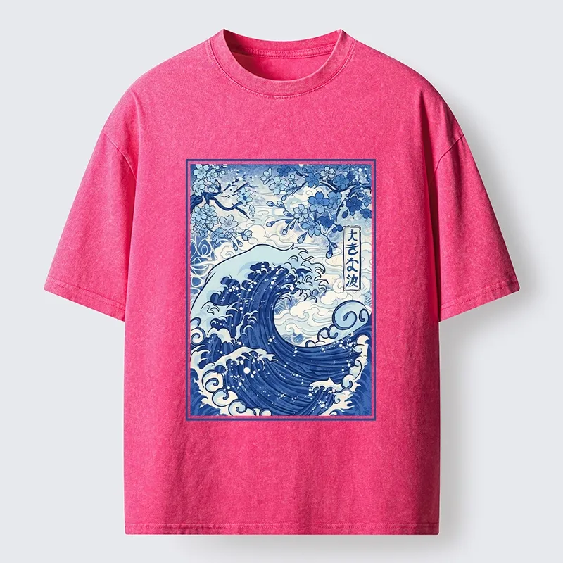 Tokyo-Tiger Vintage Japanese Wave Sakura Print Washed T-Shirt