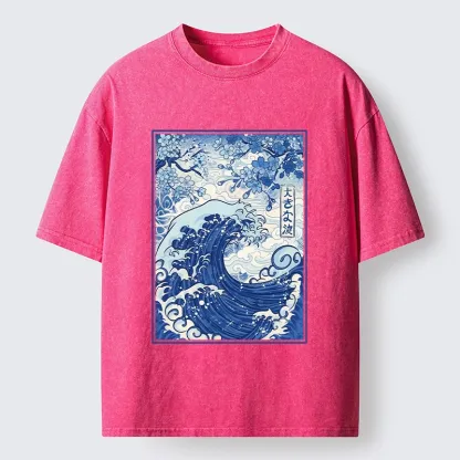 Tokyo-Tiger Vintage Japanese Wave Sakura Print Washed T-Shirt