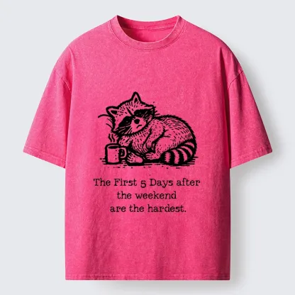 Tokyo-Tiger Funny Meme Monday Blues Coffee Raccoon Washed T-Shirt