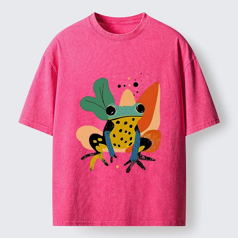 Tokyo-Tiger Vibrant Shapes Colorful Jungle Frog Tee Washed T-Shirt