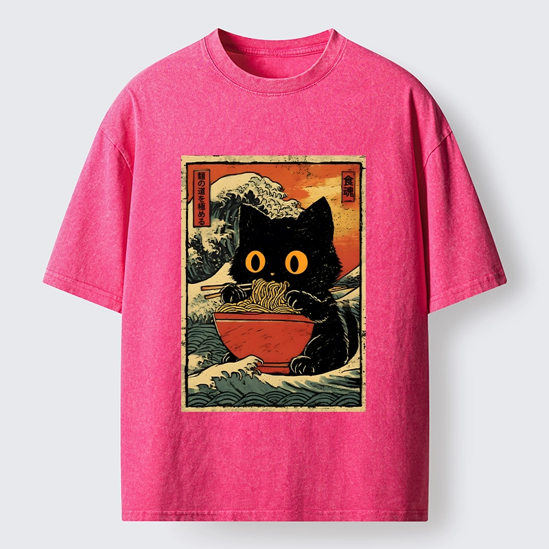 Tokyo-Tiger Cool Wave Art Cat Loves Ramen Bowl Washed T-Shirt