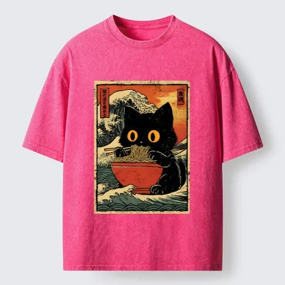 Tokyo-Tiger Cool Wave Art Cat Loves Ramen Bowl Washed T-Shirt