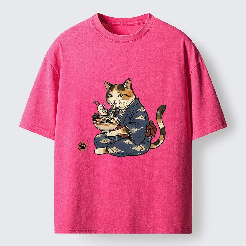 Tokyo-Tiger Traditional Japanese Cat Noodle Lover Washed T-Shirt