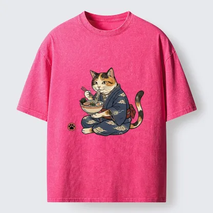 Tokyo-Tiger Traditional Japanese Cat Noodle Lover Washed T-Shirt
