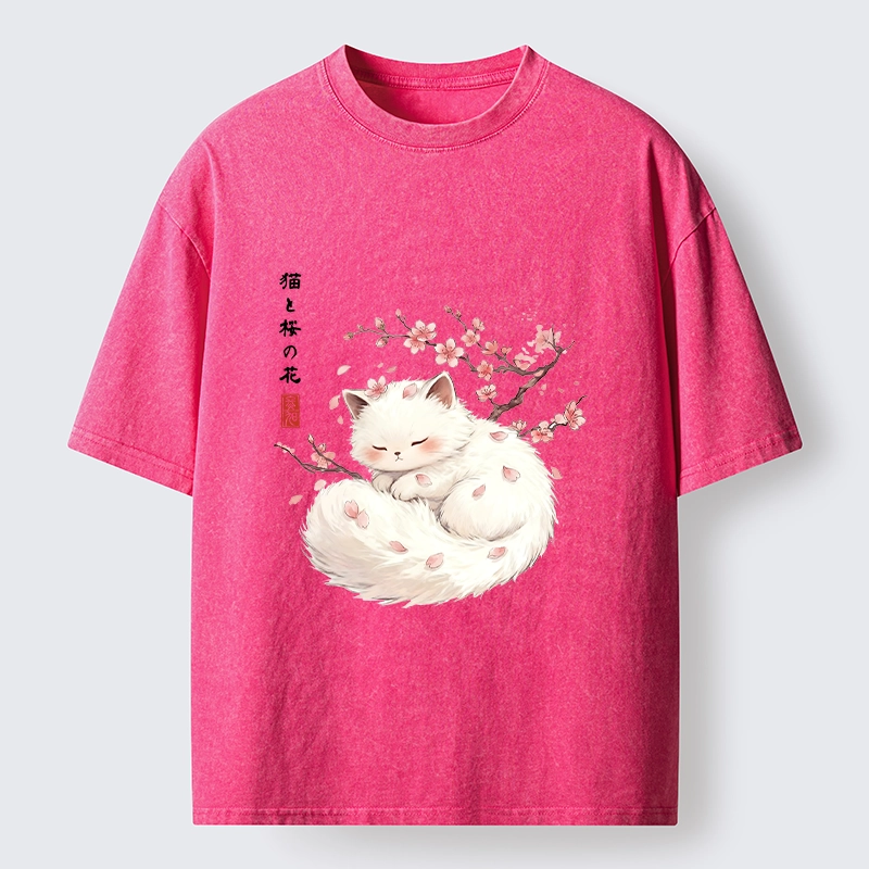 Tokyo-Tiger Soft Sakura White Cat Peaceful Sleep Washed T-Shirt