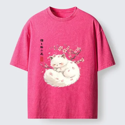 Tokyo-Tiger Soft Sakura White Cat Peaceful Sleep Washed T-Shirt
