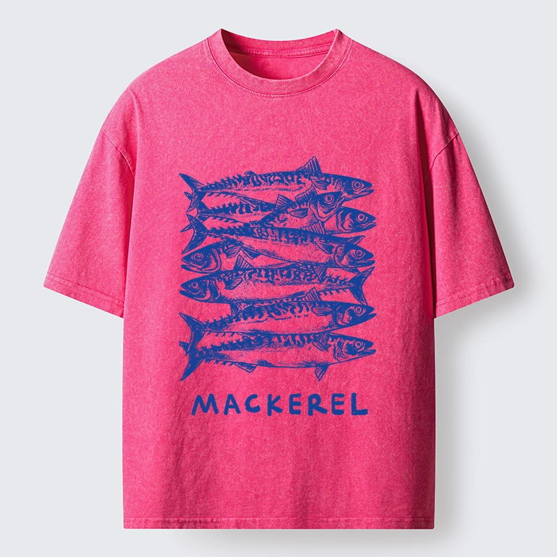 Tokyo-Tiger Retro Block Print Blue Mackerel School Washed T-Shirt