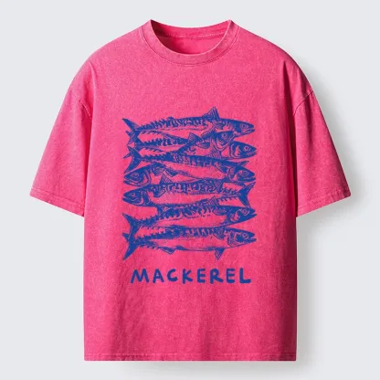 Tokyo-Tiger Retro Block Print Blue Mackerel School Washed T-Shirt