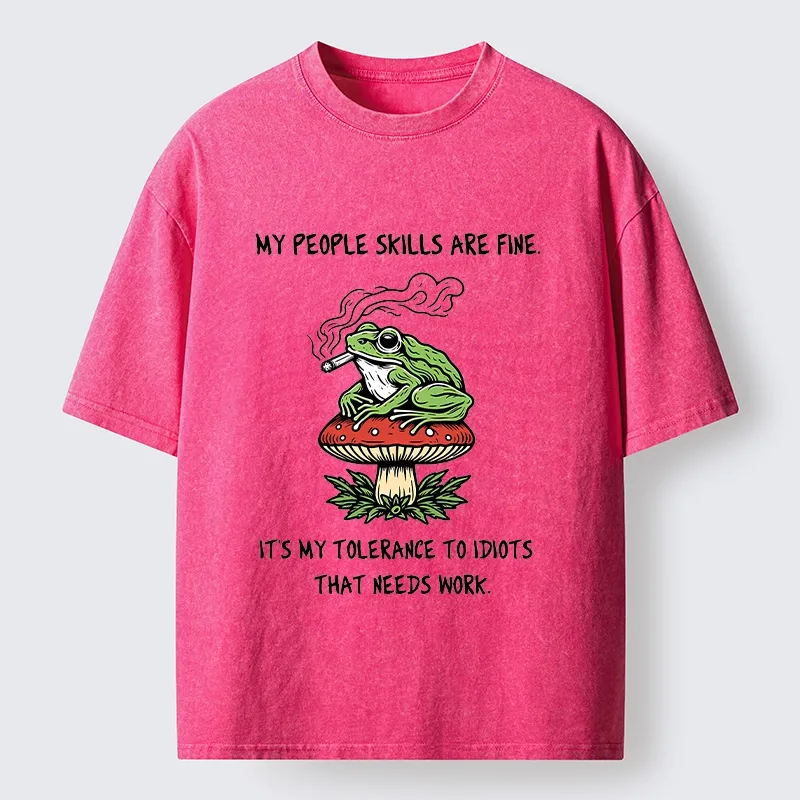 Tokyo-Tiger Relax Frog On Red Spotted Mushroom Washed T-Shirt