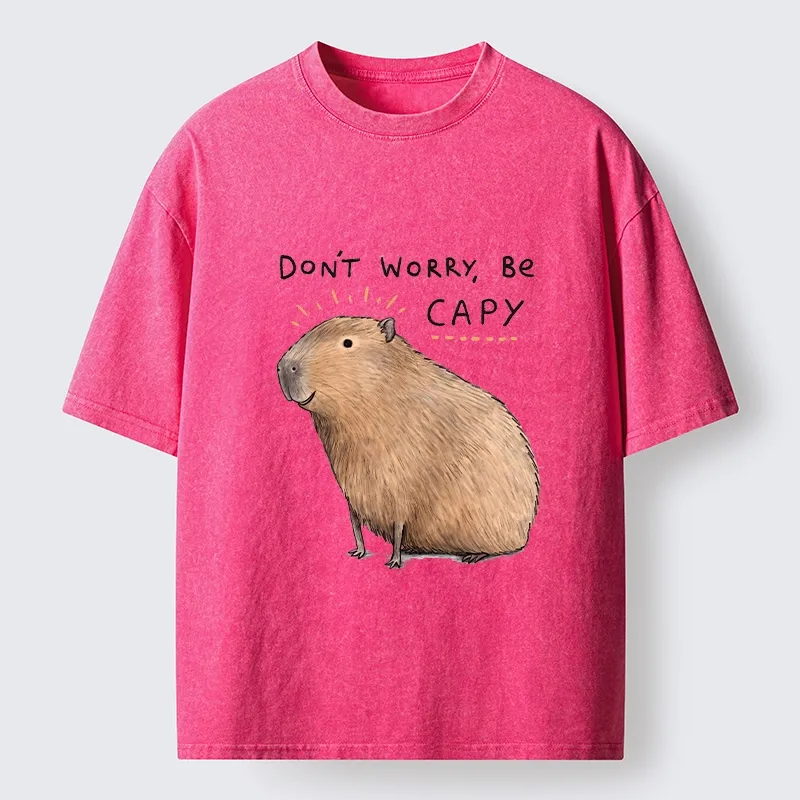 Tokyo-Tiger Calm Happy Capybara Relax Life Print Washed T-Shirt