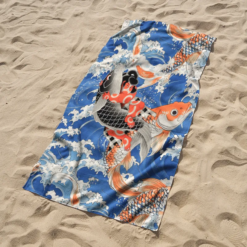 Tokyo-Tiger Sumo Wrestler Holding A Koi Beach Towel