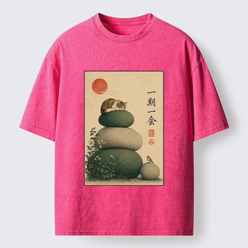 Tokyo-Tiger Peaceful Sleep Kitty Zen Garden Graphic Washed T-Shirt