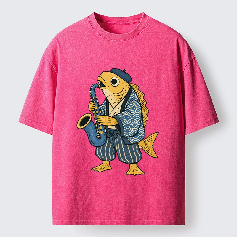 Tokyo-Tiger Jazz Sax Fish Vintage Japanese Ukiyo Art Washed T-Shirt