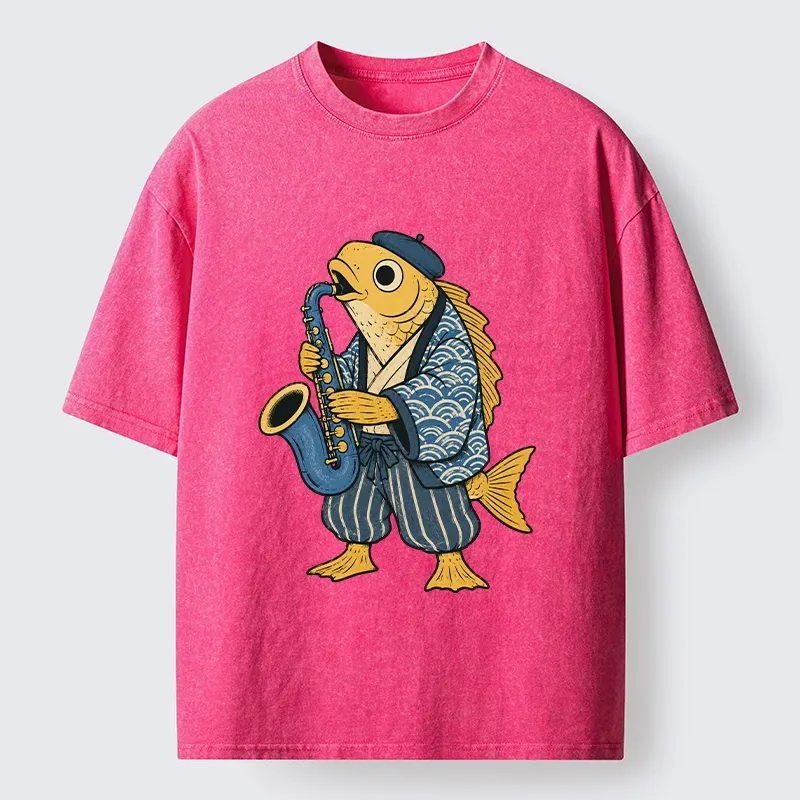 Tokyo-Tiger Jazz Sax Fish Vintage Japanese Ukiyo Art Washed T-Shirt Sale