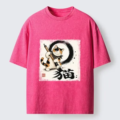 Tokyo-Tiger Calico Cat Writing Chinese Cat Kanji Washed T-Shirt