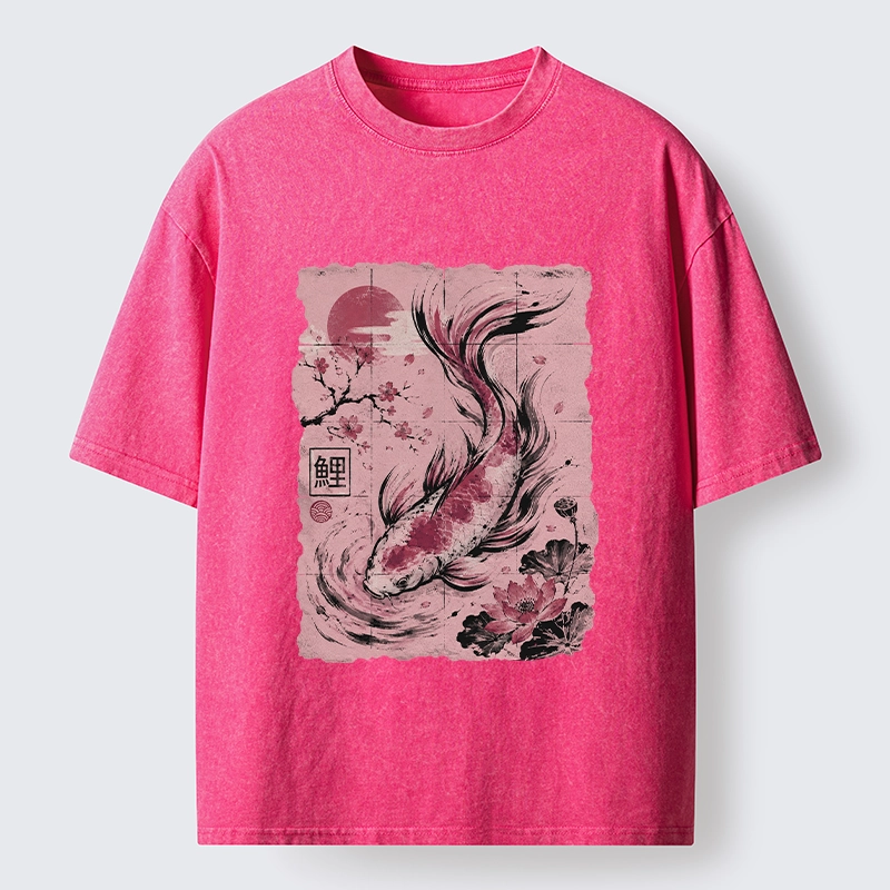 Tokyo-Tiger Sakura Lotus Koi Old Scroll Asian Tee Washed T-Shirt