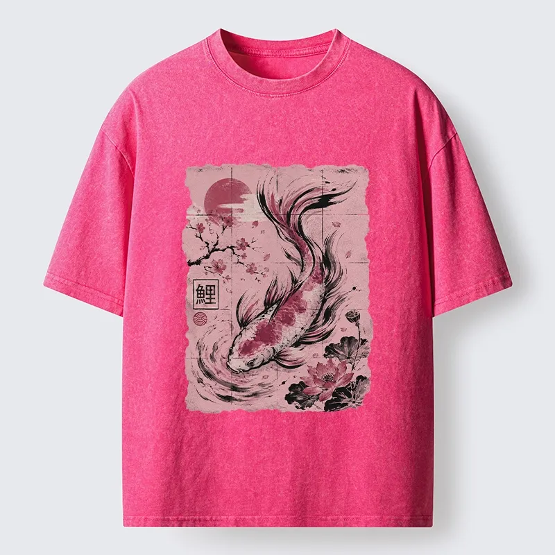 Tokyo-Tiger Sakura Lotus Koi Old Scroll Asian Tee Washed T-Shirt