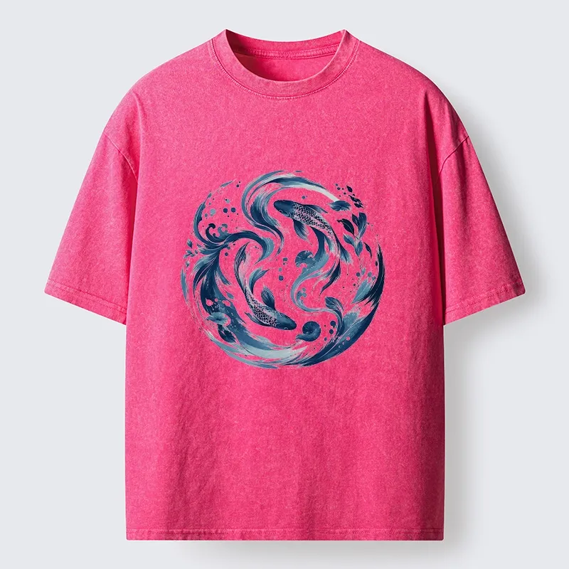 Tokyo-Tiger Monochrome Blue Yin Yang Fish Tee Washed T-Shirt