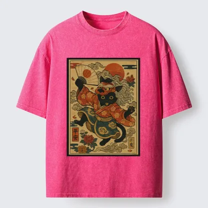 Tokyo-Tiger Kimono Cat Fan Peony Lucky Peace Print Washed T-Shirt