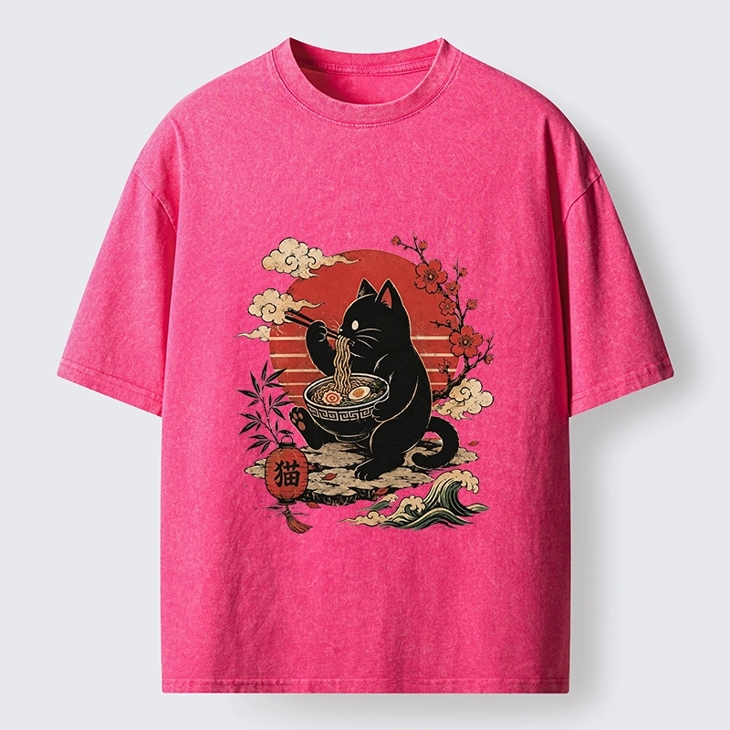 Tokyo-Tiger Black Cat Eating Ramen Cherry Blossom Art Washed T-Shirt