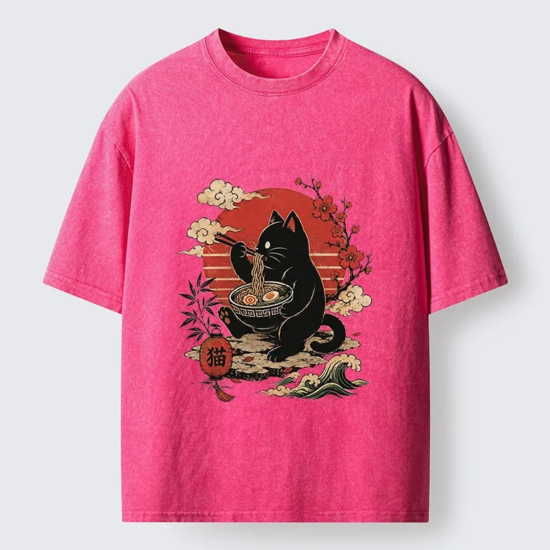 Tokyo-Tiger Black Cat Eating Ramen Cherry Blossom Art Washed T-Shirt