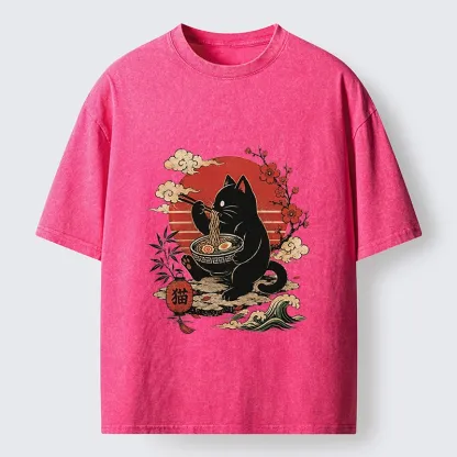 Tokyo-Tiger Black Cat Eating Ramen Cherry Blossom Art Washed T-Shirt