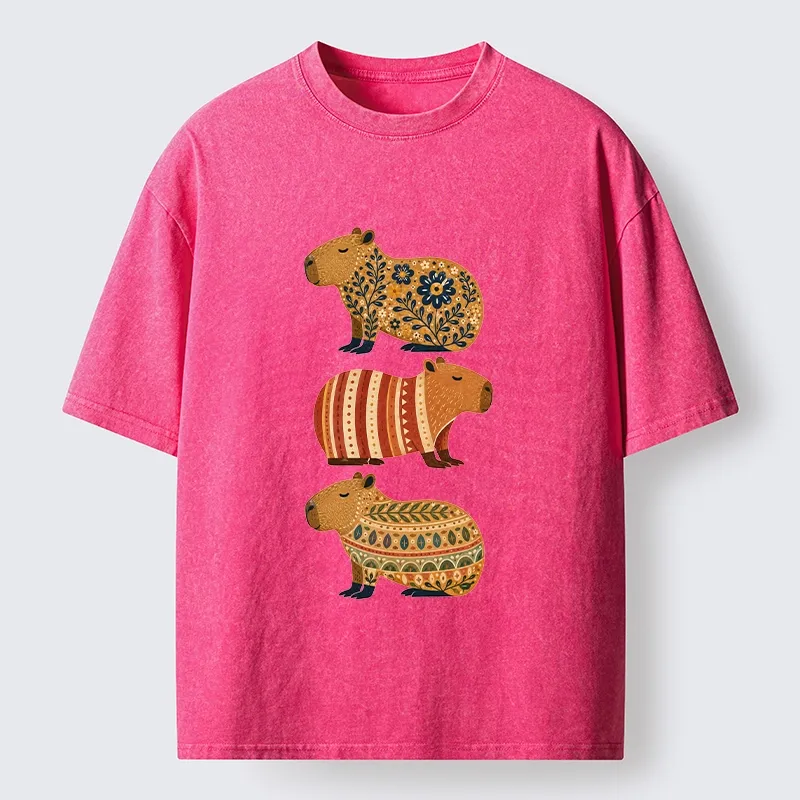 Tokyo-Tiger Folk Floral Striped Capybara Trio Print Washed T-Shirt
