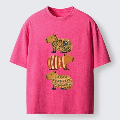Tokyo-Tiger Folk Floral Striped Capybara Trio Print Washed T-Shirt