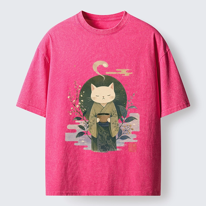 Tokyo-Tiger Soft Green Zen Cat Tea Blossom Stamp Art Washed T-Shirt