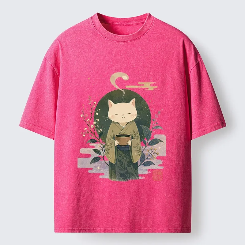 Tokyo-Tiger Soft Green Zen Cat Tea Blossom Stamp Art Washed T-Shirt