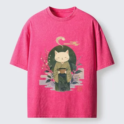 Tokyo-Tiger Soft Green Zen Cat Tea Blossom Stamp Art Washed T-Shirt