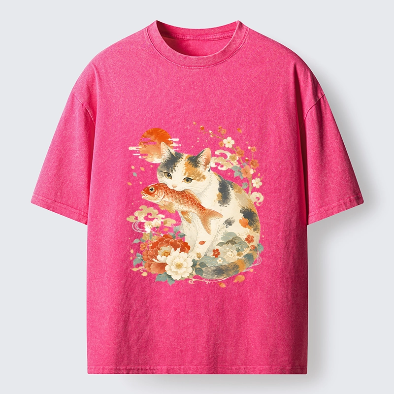 Tokyo-Tiger Traditional Japanese Cat Koi Bloom Art Washed T-Shirt