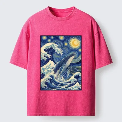 Tokyo-Tiger Starry Wave Whale Classic Art Mix Washed T-Shirt