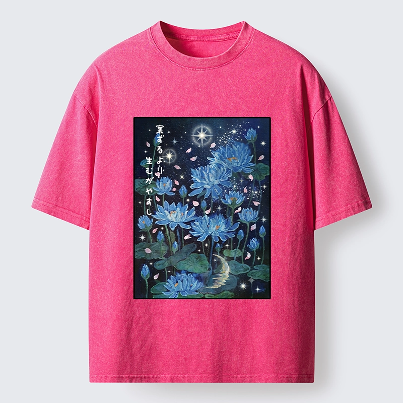 Tokyo-Tiger Night Lotus Star Soft Zen Graphic Washed T-Shirt