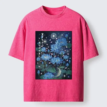 Tokyo-Tiger Night Lotus Star Soft Zen Graphic Washed T-Shirt