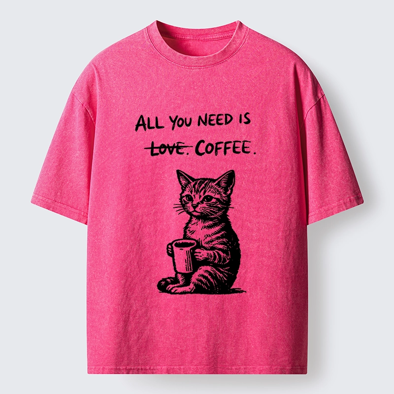 Tokyo-Tiger Cute Cat Coffee Daily Happy Vibe Washed T-Shirt